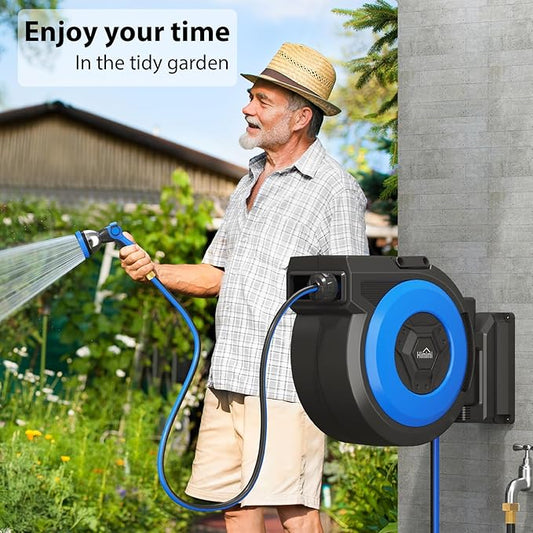 Retractable Garden Hose Reel, 1/2" x 131FT Heavy Duty Automatic Retractable Hose Reel Wall Mount, with 10- Function Sprayer Nozzle, Any Length Lock/Auto Rewind/180°Swivel