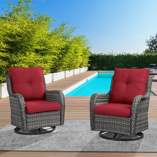 Outdoor Swivel Rcoker Wicker Chairs - Swivel Patio Chairs Set of 2 Patio Furniture Sets with Covered Cushion for Porch Deck Balcony Backyard, Red