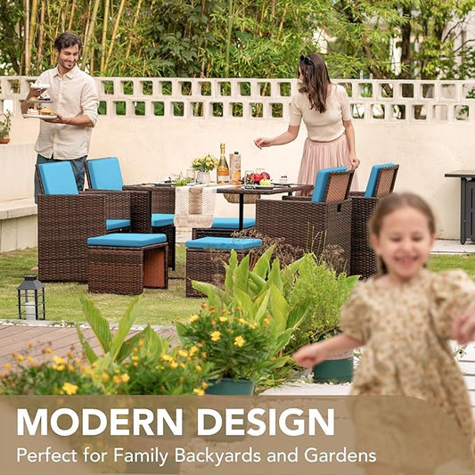 Devoko 9 Pieces Patio Dining Sets Outdoor Space Saving Rattan Chairs with Glass Table Patio Furniture Sets Cushioned Seating and Back Sectional Conversation Set (Blue)