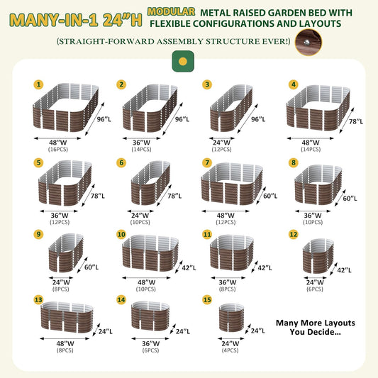 MUPATER 8x4FT Raised Garden Bed, Galvanized Raised Garden Bed with 3 Aluminum Support Rods, 24''H Mutli-in-1 Metal Garden Bed, Modular Raised Planter Box Outdoor for Vegetables, Flowers, Rustic