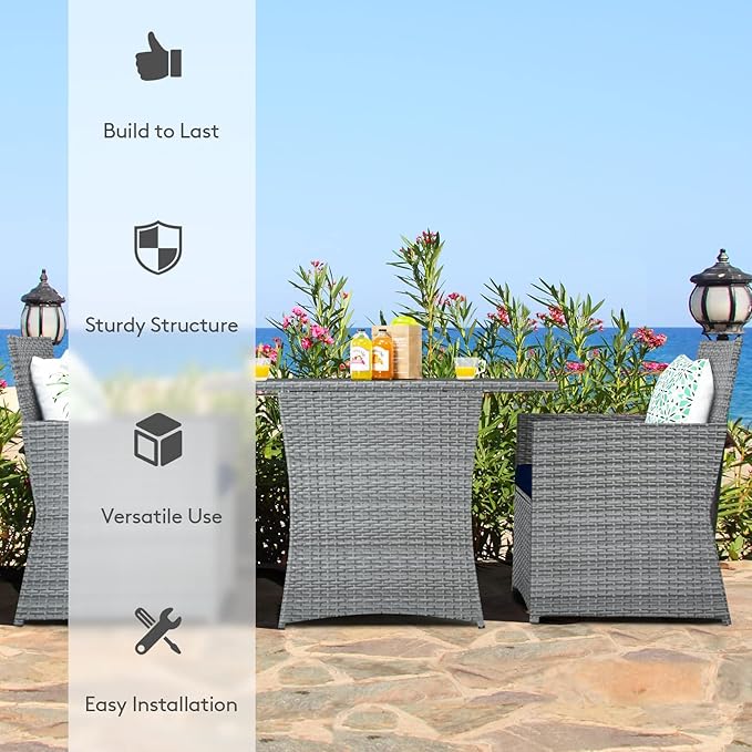 Tangkula 3 Pieces Patio Dining Set, Patiojoy Space-Saving PE Rattan Bistro Set with Tempered Glass Top Table and Cushioned Chairs, Outdoor Conversation Set for Garden, Backyard, Poolside, Porch