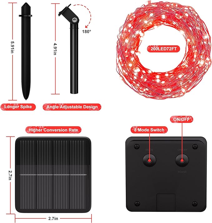 Solar String Lights for Outside, 72Ft 200 LED Solar Fairy Lights with 8 Modes, Solar Powered Fairy Lights Waterproof for Christmas Tree Garden Party Wedding(Red)