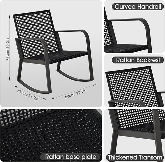 Bistro 3 Piece Patio Furniture Set, Patio Table and Rattan Outdoor Rocking Chairs Set of 2, Outdoor Bistro Conversation Set for Garden, Balcony, Poolside, Backyard, Blue