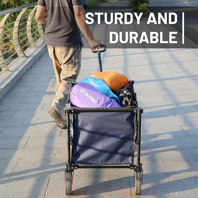 EchoSmile Collapsible Foldable Wagon Cart with 350lbs Weight Capacity, Heavy Duty Folding Utility Sport Wagon with Removeble Wheels for Camping,Grocery,Garden,Beach,Blue&Orange