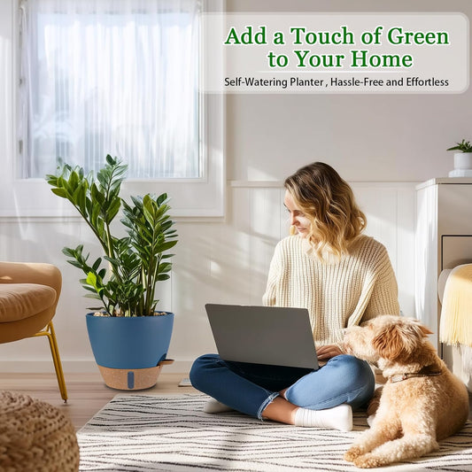 2 Pack 10 inch Plant Pots, Plastic Self Watering Planters with Drainage Holes, Deep Reservoir, Water Level Indicator, Modern Decorative Flower Pots for Indoor Outdoor Plants (Navy Blue, 10 inch)