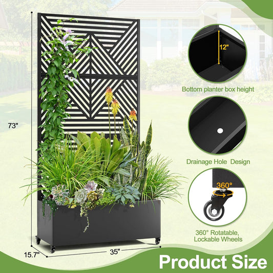 Raised Garden Bed with Trellis and Wheels,73"x35"x16" Metal Raised Garden Bed,Black Diamond Metal Planter with Climbing Trellis for Vines & Vegetables