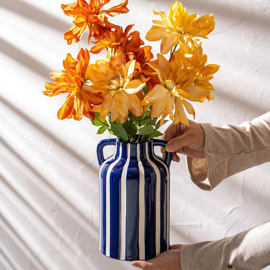 Ceramic Blue and White Checkered Stripes Vase with Handles, Modern Bohemian Floral Navy Blue Vases for Centerpieces, Cottage Core Home Decor, Flower Vases for Bouquet Mantle Bedroom Bookshelf 9.1 in