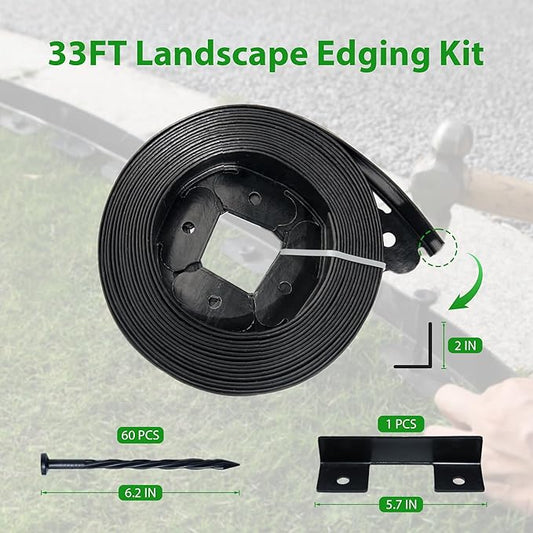Landscape Edging Border 33 FT 2 Inch Tall with 60 Spikes, Plastic Edging for Landscaping, Garden Edging Border, Flower Bed, Paver and Lawn Edging Border, Black