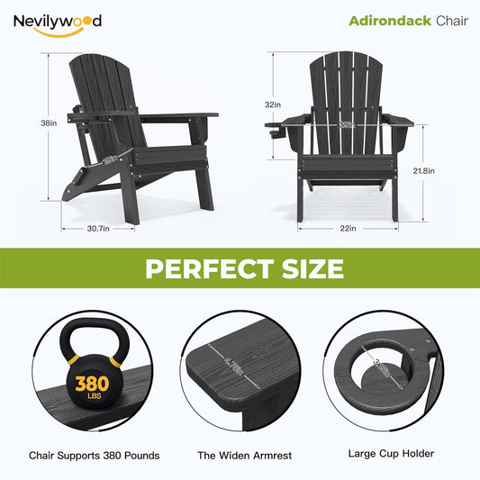 Folding Adirondack Chair - Extended Ergonomic Backrest, Cup Holder - Easy Assembly - Durable HDPE Plastic, Weather Resistant & Maintenance-Free - Lawn, Patio, Deck Supports 380lbs Black