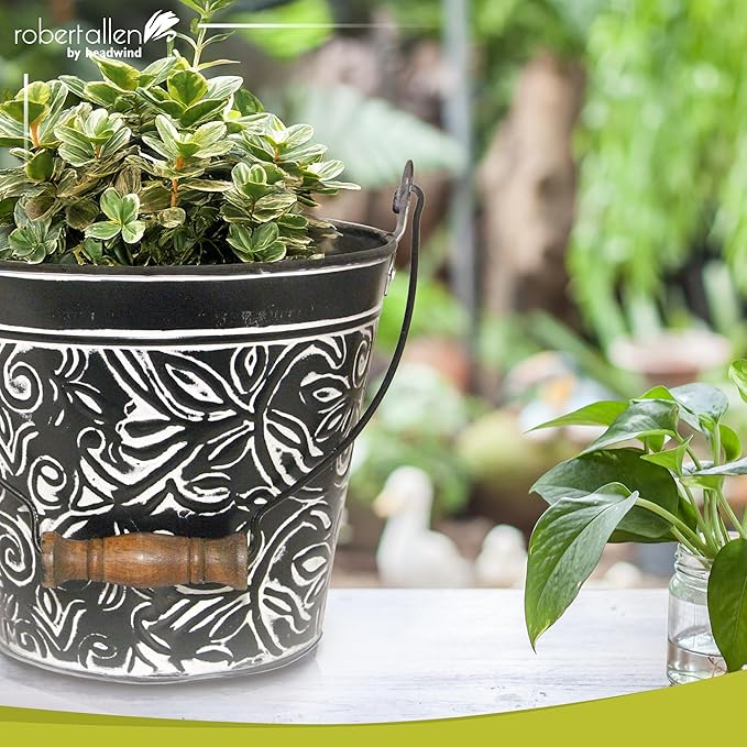 Headwind Robert Allen Vintage Floral Metal Planter with Handle, 12-Inch, Charcoal – Lightweight Indoor/Outdoor Flower Pot with Drainage Hole