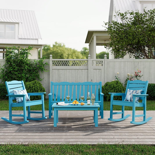 Outdoor Rocking Chairs Set, Weatherproof HIPS Outdoor Furniture, Include 2 Patio Rocking Chairs + Outdoor Bench, Suit for Garden, Porch, Lawn & Backyard(Lake Blue)