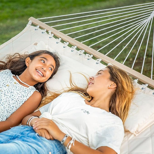 ANOW Two Person Hammock with Spreader Bars and Detachable Pillow, Heavy Duty Hammock for Outdoors Indoors, 450 LBS Weight Capacity, Cream