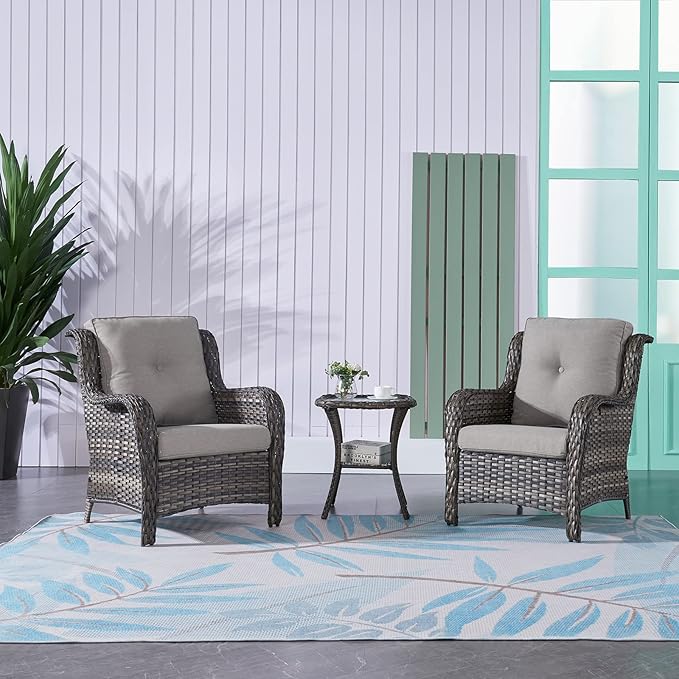 Rilyson Patio Bistro Set Wicker Chairs - 3 Piece Outdoor Rattan Conversation Set with 2 Armrest Chair and 1 Side Table for Proch Deck Garden Backyard Balcony(Mixed Grey/Grey)