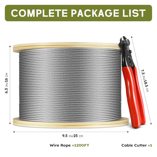 1200FT 1/8" T316 Stainless Steel Cable, Wire Rope Aircraft Cable for Deck Cable Fence Railing Kit, and DIY Balustrades, 7x7 Strands Construction, Comes with a Cutter
