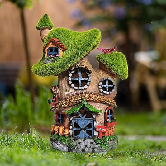 ASAWASA Flocked Mushroom Fairy Garden House with Solar Light,Funny Statue Sculptures for Garden Decor,Exquisite Cottage Figurines for Patio Lawn Yard Gift Decoration