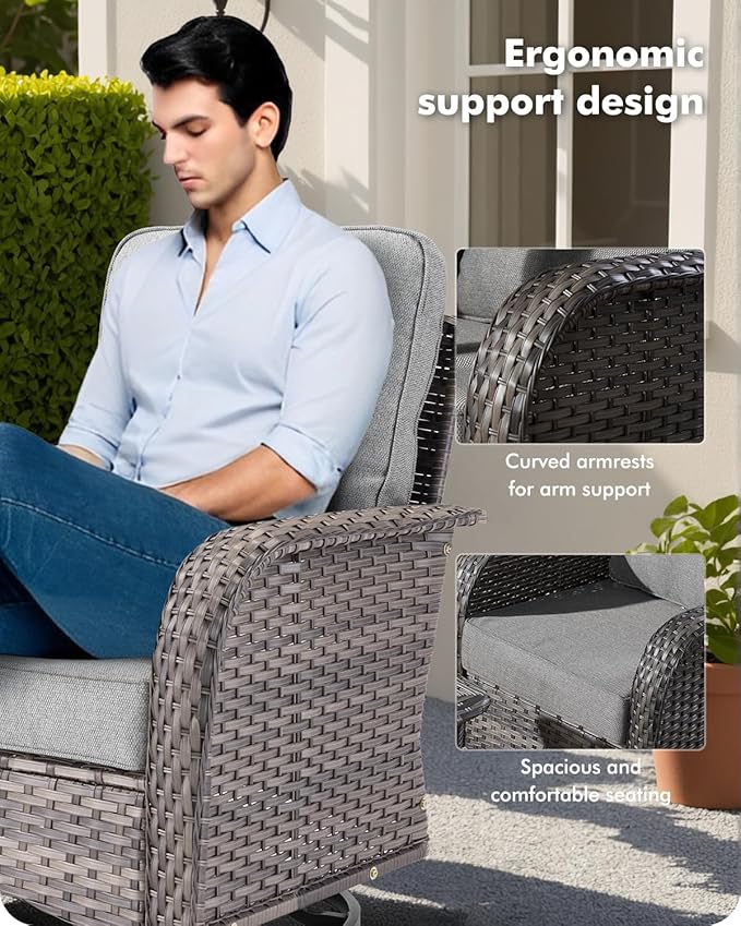 8-Piece Wicker Patio Furniture Set, All-Weather Rattan Conversation Bistro Loveseat Chair and Patio Rockers Set for Backyard, Balcony and Deck with Soft Cushions and Metal Table(Dark Gray)