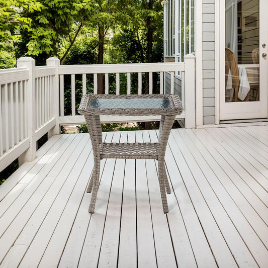 Handwoven Wicker Side Table - 20 Inch Small Outdoor Table 2 Tier Storage with Tempered Glass Top, All Weather Outdoor Patio End Tables for Deck Balcony Outside Gray