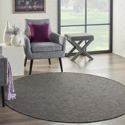 Nourison Positano Indoor/Outdoor Charcoal 6' x Round Area Rug, Easy Cleaning, Non Shedding, Bed Room, Living Room, Dining Room, Backyard, Deck, Patio (6 Round)