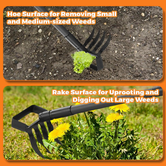 Hula Garden Hoe and 4 Tines Rake 2-in-1 Garden Tool for Weeding, Garden Cultivator with 62.6" Adjustable Long Handle Heavy Duty Weed Puller Stirrup Hoe for Ditching, Seeding, Loosening Soil
