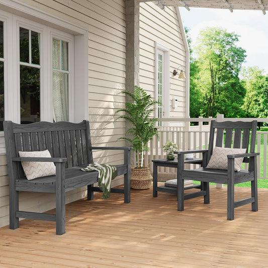 Stoog 3 Piece Outdoor Bench & Outdoor Chairs Set, All-Weather HIPS Patio Furniture Set, Include 1 Patio Bench and 2 Patio Chairs, Grey