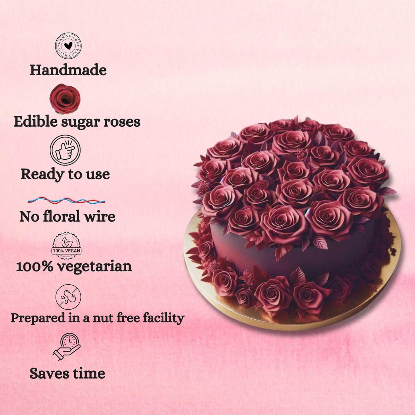 Confect Edible Flower | Edible Flower for cake decorations | Edible Flower Cupcake Toppers | Cupcakes & Doughnut Edible Toppers | Rich Deep Burgundy Sugar Flower- Pack of 12