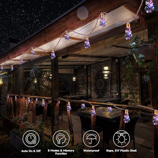 Solar Outdoor String Lights, 2 Pack 20Ft Vintage Rope Hemp Solar Patio Lights, Waterproof Multicolor Solar Powered String Lights With 8 Modes 16 Shatterproof Bulbs for Outside Garden Fence Stairs