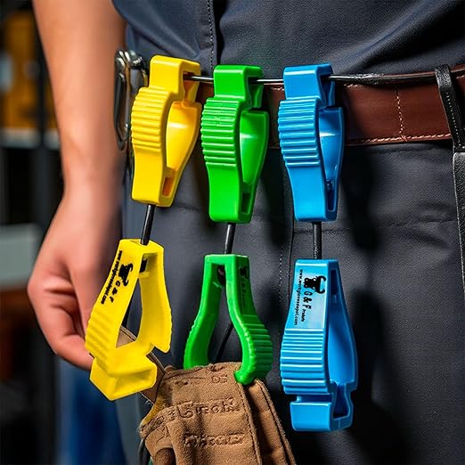 G & F Products Work Glove Clips – Heavy-Duty, 360° Rotating, Spring-Loaded Glove Holders in Assorted Colors, Z-Shaped Grip, Durable POM, Clips to Tool Belts and Safety Gear, 3 Pcs