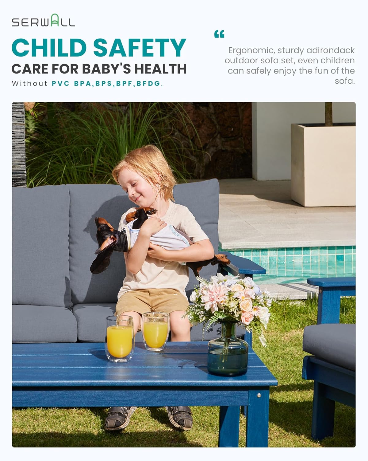 SERWALL Outdoor Patio Furniture Set, 5 Piece HDPE Patio Conversation Sets, All-Weather Wood-Like Outdoor Couch Loveseat and Coffee Table with Thick Cushions for Porch Balcony Garden Backyard