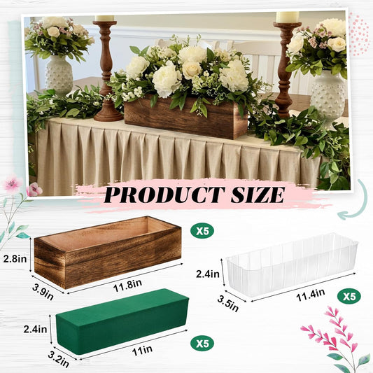Dandat 5 Set Wood Boxes for Centerpieces Rectangle Wooden Planter Box Rustic Wood Planter with Removable Plastic Liner Floral Foam Blocks for Centerpieces Home Wedding Garden Decor (12x4 Inch)