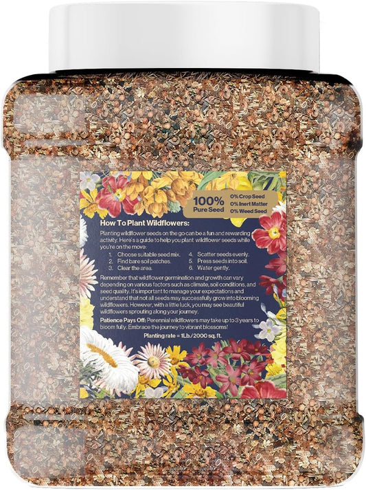Bulk Wildflower Seed Shaker – Perennial Flower Seeds Mix to Plant Anywhere, by Geva Grow | 20 - Different Type Beautiful Perennial Wildflower Seeds Bulk 900,000+ Seeds, 1 Pound Tub