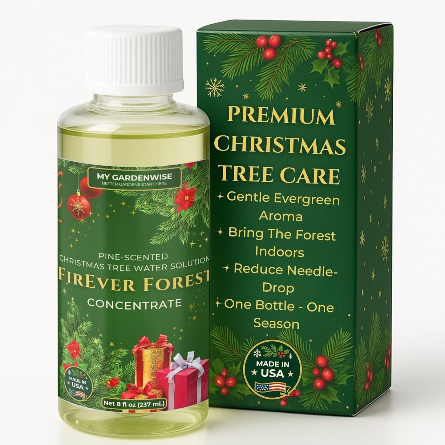 FirEver Forest Pine-Scented Christmas Tree Food | Preserver Additive & Season Extender for Live Xmas Trees | Keep It Green, Reduce Needle-Drop | Miracle Freshness (8 oz)