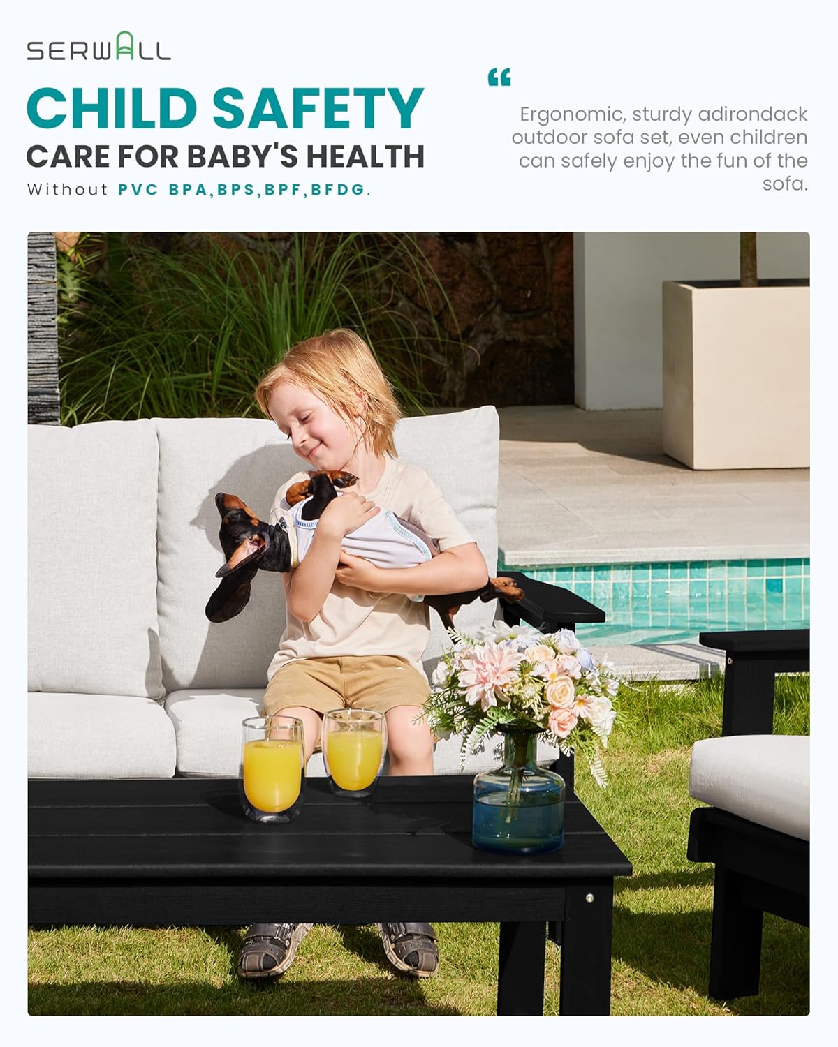 SERWALL HDPE Patio Furniture Set, 5 Piece All Weather Wood-Like Sectional Outdoor Furniture Set, Black Patio Sofa Couch with Khaki Cushions for Deck, Lawn