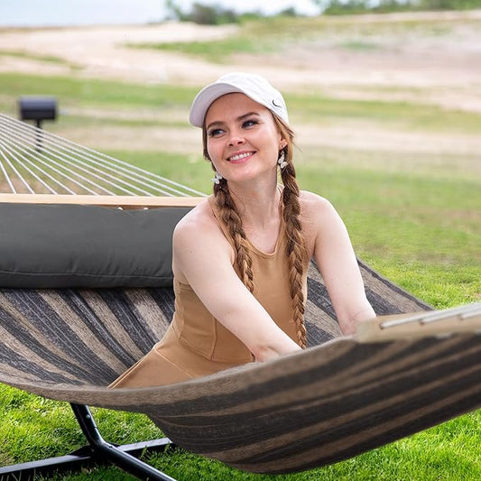 SUNCREAT Hammock with Stand 2 Person Heavy Duty, Freestanding Hammock with Spreader Bar, Soft Pillow, Gray Stripes