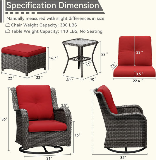 5 Piece Outdoor Patio Furniture Set Wicker Conversation Set Swivel Rocking Chairs with Side Table and Ottomans for Backyard, Porch, Deck, Red
