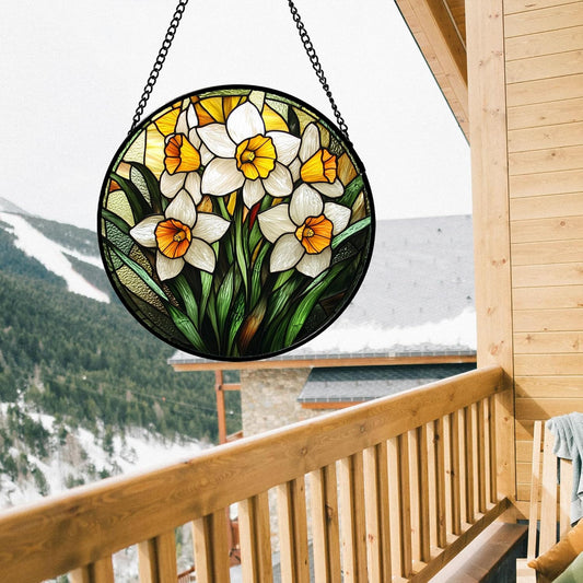 Stained Glass Window Hanging, Yellow and White Daffodils Sun Catcher for Door Home Decor Plants Flowers Suncatcher Christmas Mother's Day Birthday Gifts for Women Men Mom Nana 11.8 in