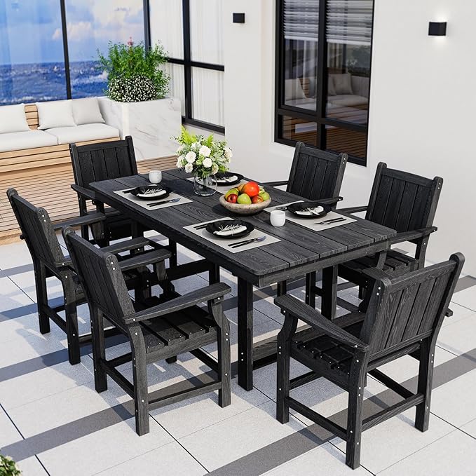 Pamapic 7 PCS Outdoor Dining Set, Spacious HDPE Outdoor Table and Chairs, Wood Grain Patio Furniture Sets with Elegant Armrest, All-Weather Patio Dining Table with Umbrella Hole, Black