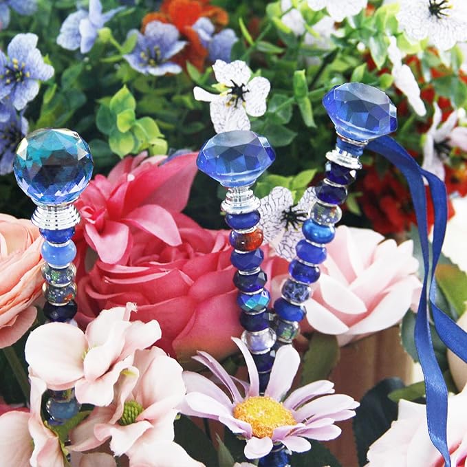 119 Pcs Garden Stake Diy Fairy Wand Plant Stake with Dark Blue Large Hole Beads Crystal Diamond Stopper Top 4 Stainless Steel Threaded Rod Beaded Garden Stakes For Outdoor Indoor Plant Pot Decorations