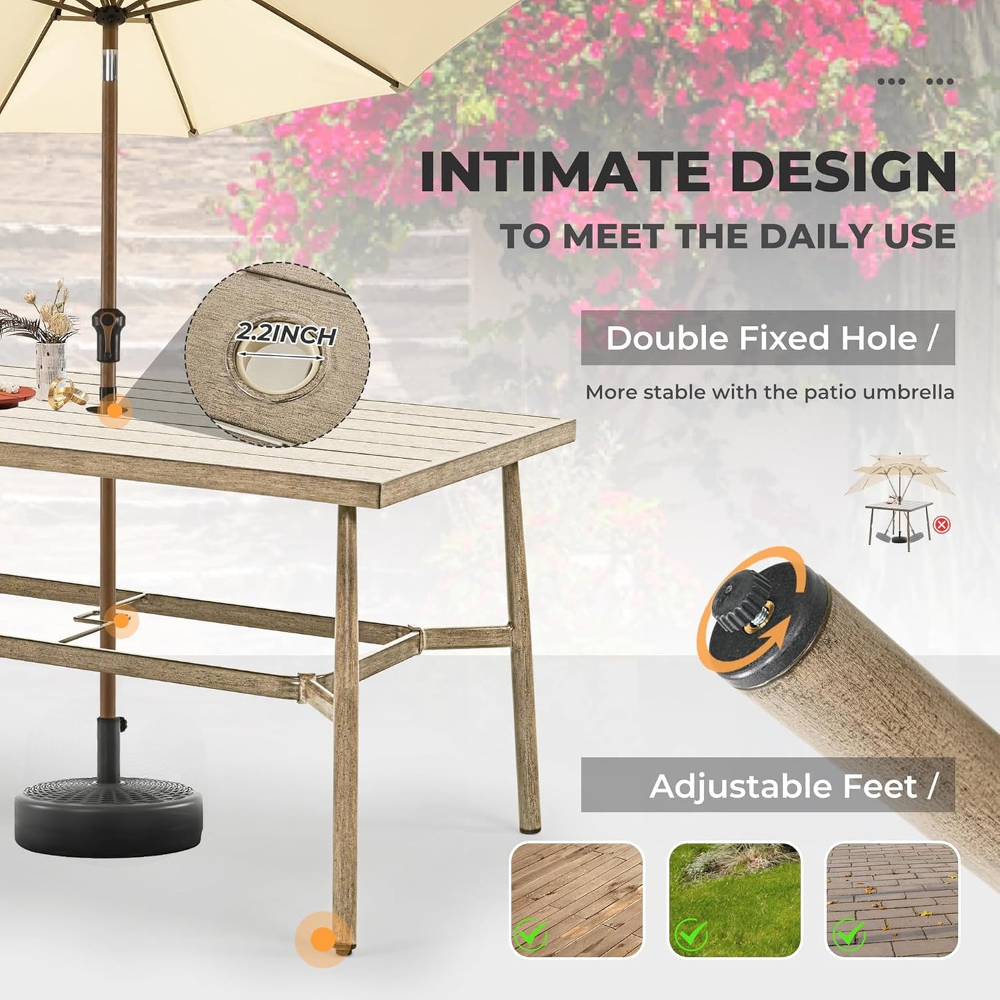 HAPPATIO Patio Table for 6, Large Modern Rectangle Outdoor Dining Table with Umbrella Hole and Adjustable Feet, All Weather Aluminum Patio Table for Garden, Backyard and Poolside, Brown