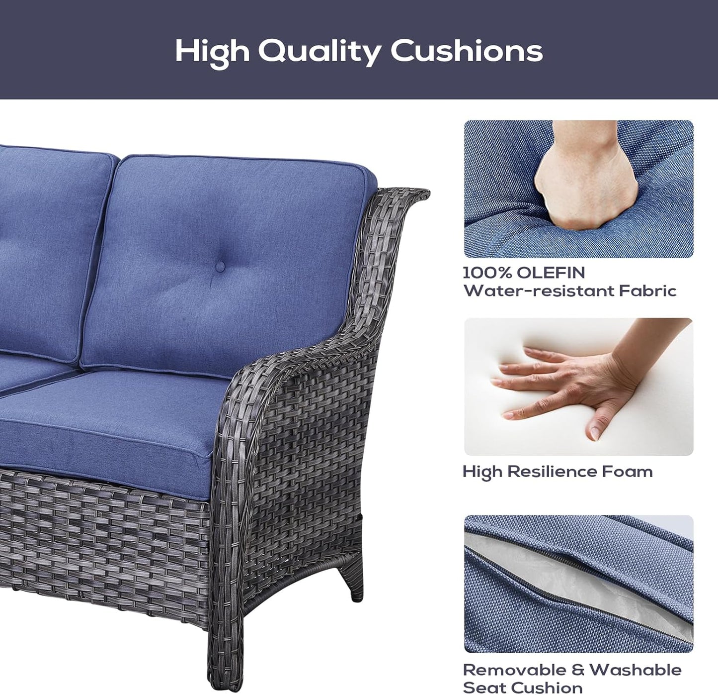 Outdoor Furniture Sectional Sofa L Shaped Couch - Patio Wicker Set with 2 Swivel Glider Chairs, 5 Piece Rattan Patio Conversation Sets with Blue Cushion for Deck Backyard Sunroom