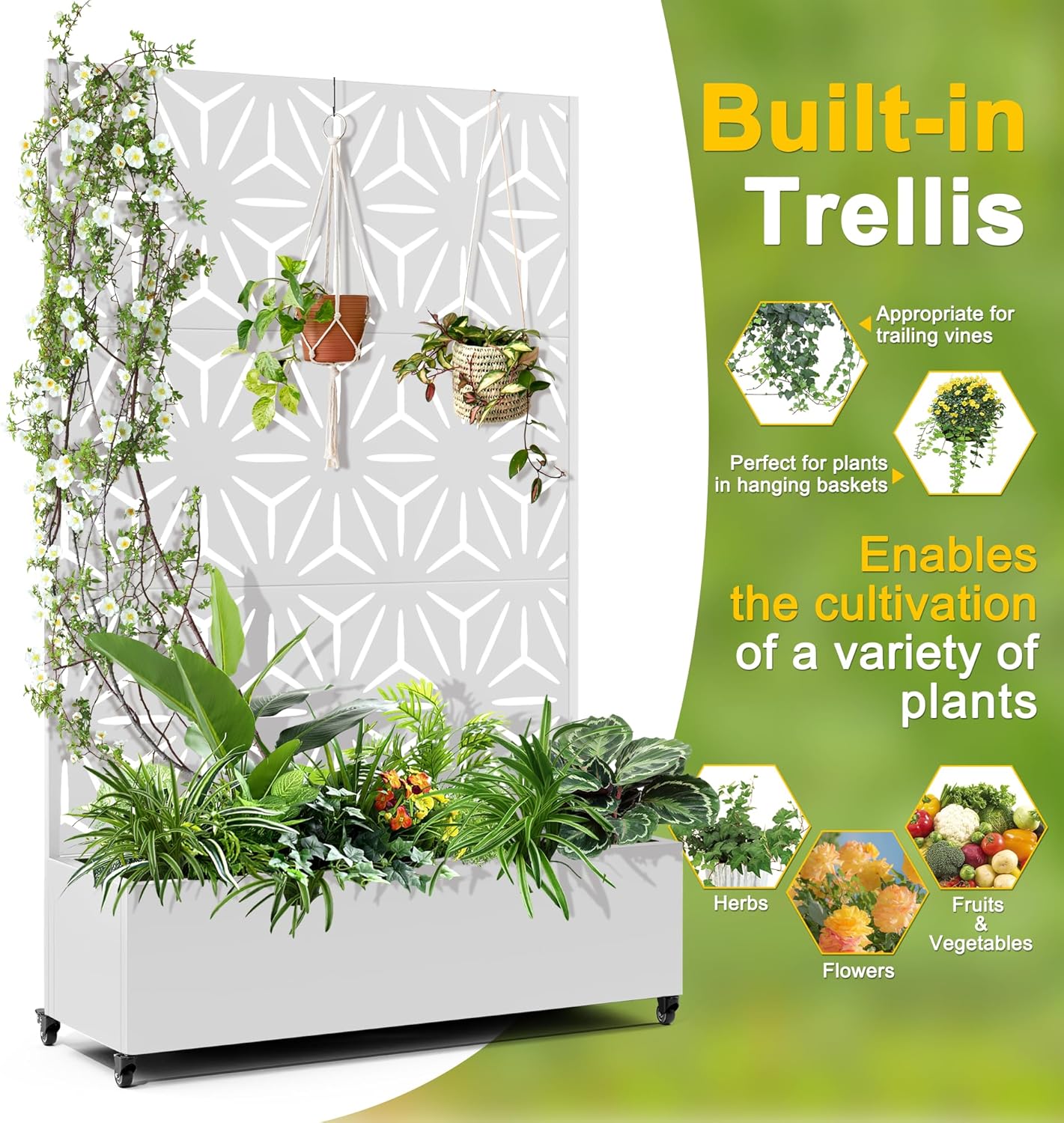 FENCY Metal Raised Garden Bed with Wheels and Trellis,73"x47"x16" Planter Box for Climbing Plants, Vegetables & Vines, Features Privacy Screen and Drainage Holes (White-Star)