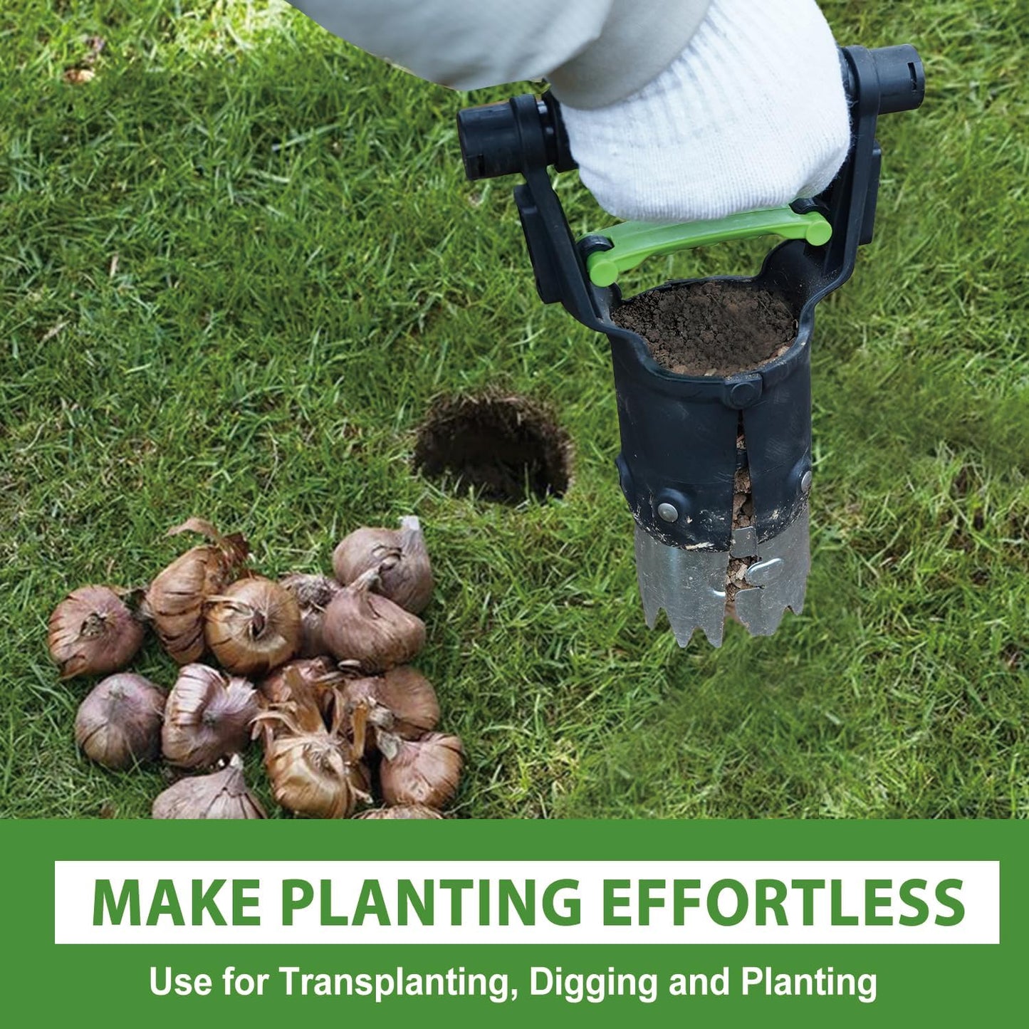 Hugeleaf Bulb Planter Tool, 1-5 Inch Depth Garden Bulb Planter with Comfortable Grip Handle, Galvanized Steel Serrated Edge for Planting Tulip Daffodils Dahlias Onions