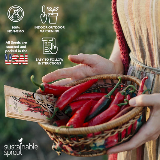 Hot Pepper Seeds for Planting - 7 Heirloom Chili Pepper Seeds Variety Packets Garden Seeds for Planting Cayenne Anaheim Hungarian Wax Pepper Habanero Serrano Poblano, & Jalapeno by Sustainable Sprout