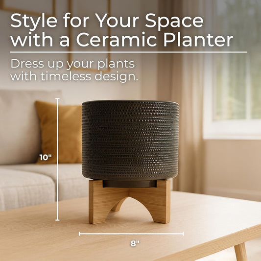 Sagebrook Home Ceramic Planter with Bamboo Stand - Textured Mid-Century Modern Plant Pot for Indoor & Outdoor Home Garden Decor - 10" Green