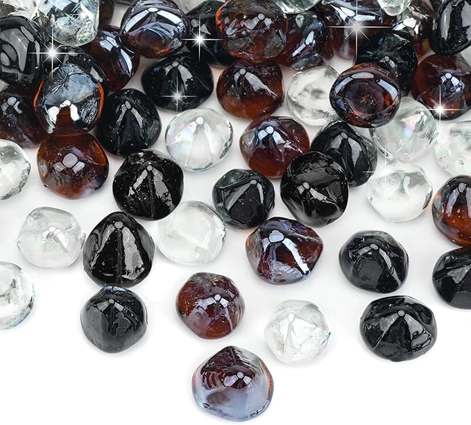 Skyflame 10-Pound Blended Fire Glass Diamonds for Fire Pit Fireplace Landscaping, 1/2 Inch Onyx Black, Crystal Ice, Amber Luster