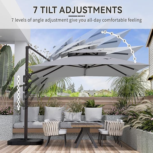 10' X 10' Cantilever Patio Umbrella Outdoor Heavy Duty Double Top Windproof Square Offset Umbrellas with 360-degree Rotation for Pool Deck Backyard, Foggy Grey