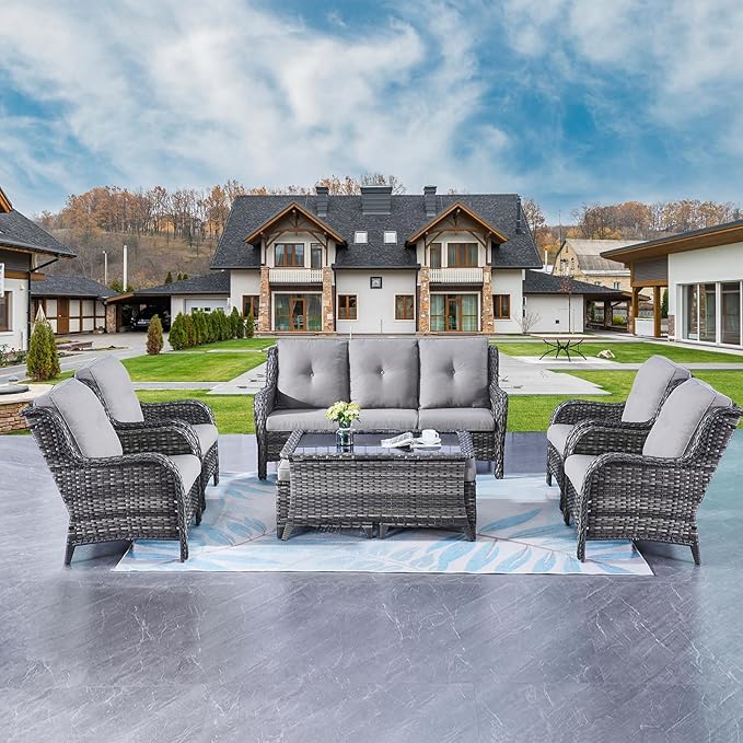 Rilyson Wicker Patio Furniture Chairs Set - 8 Piece Rattan Outdoor Patio Sectional Conversation Sets with Sofa,Armrest Chairs,Coffee Table and Ottomans for Porch Deck Garden(Mixed Grey/Grey)