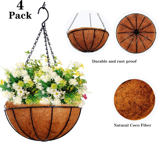 Hanging Planters Basket Outdoor Indoor(14 inch 4 Pack)-Coconut Coir Hanging Baskets for Plants Outdoor,Metal Wire Baskets with Coco Liner Window Box Planters, hanging Flower Pots For Railings…