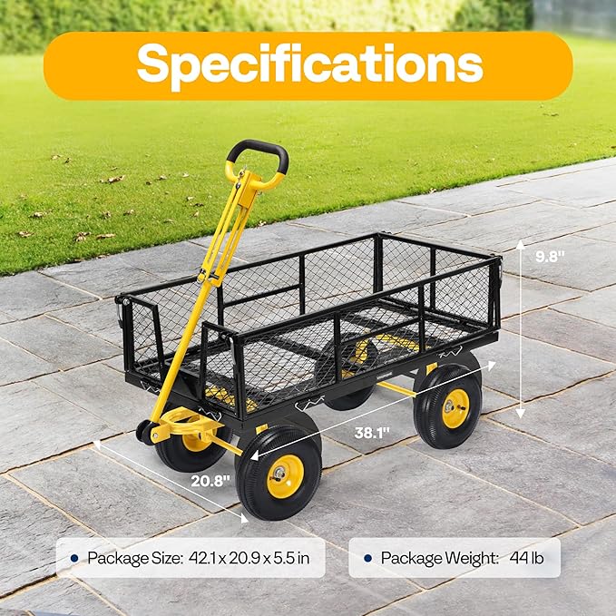 VIVOHOME Garden Cart Steel Heavy Duty 900 LBS Yard and Garden Wagon with 10 inch Tire and Handle Attach to ATV or Tractor Black