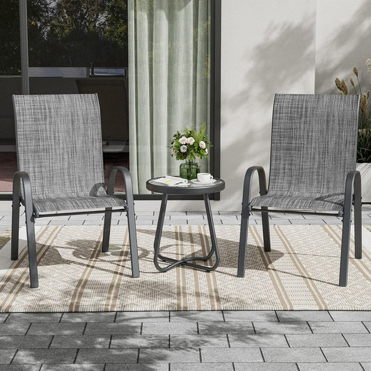 UDPATIO Patio Dining Set of 3, Outdoor Table and Chairs Set with Glass Table, 2 Stackable Patio Chairs with High Back, Outdoor Furniture Sets for Deck Garden Backyard Lawn Poolside (Dark Grey)