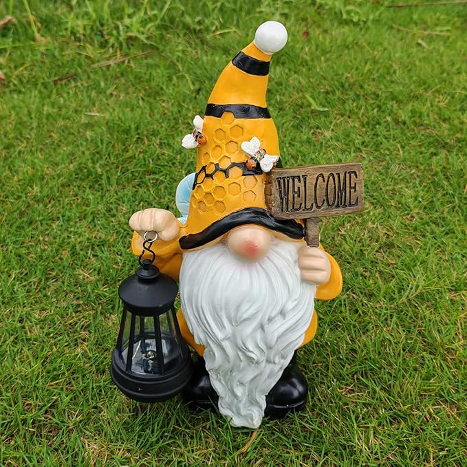 Gnome Garden Statues with Solar Lights Outdoor Gnomes Sculpture Yard Patio Decor for Lawn Ornaments Gardening Gifts(Bee Gnome